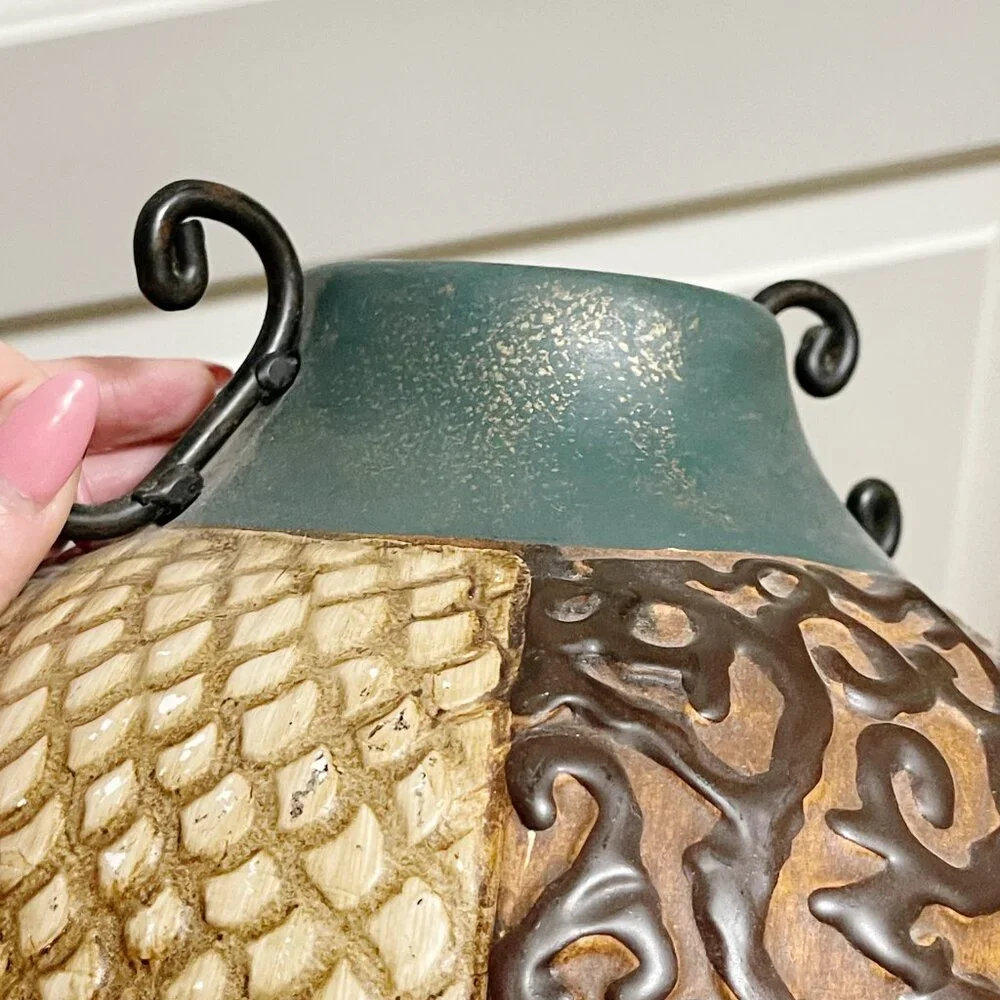 Pier 1 Vase Tan Turquoise Blue Multi Color Texture Pattern Ceramic Metal Unique!